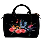 Dámská kabelka Barrel – textilní potisk Světlá kytice na černém pozadí