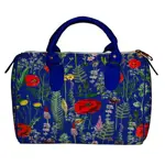 Dámská kabelka Barrel – textilní potisk máky na modrém pozadí