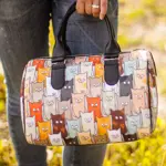 Dámská kabelka Barrel – textilní potisk kočičky