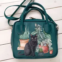 Dámská kabelka Kitto – sametový potisk kočka a květináče