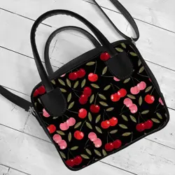Dámská kabelka Kitto – sametový potisk Třešně na černém pozadí
