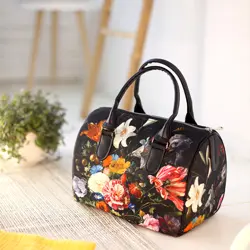 Dámská kabelka Barrel – textilní potisk Lilie a tulipány