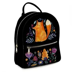 městský dámský batoh Liška a květiny na černém pozadí
