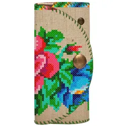 Klíčenka do kabelky – barevná kapsička na klíče s karabinkami Květiny. Výšivka