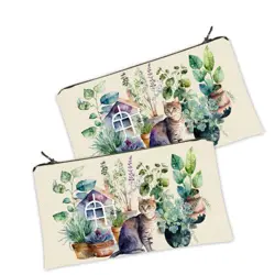 Kosmetická taška MINI – malá látková taštička s potiskem Kočka a květináče