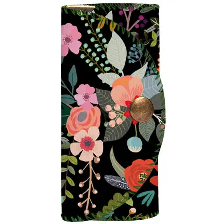 Klíčenka do kabelky – barevná kapsička na klíče s karabinkami Květiny na černém pozadí