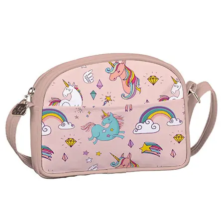 Dětská kabelka junior girl Jednorožci a duhy na růžovém pozadí