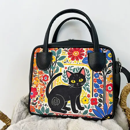 Dámská kabelka Kitto – sametový potisk Černé kotě