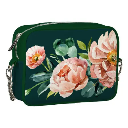 Kabelka na řetízku Cherie Růžové květy na tmavě zeleném pozadí