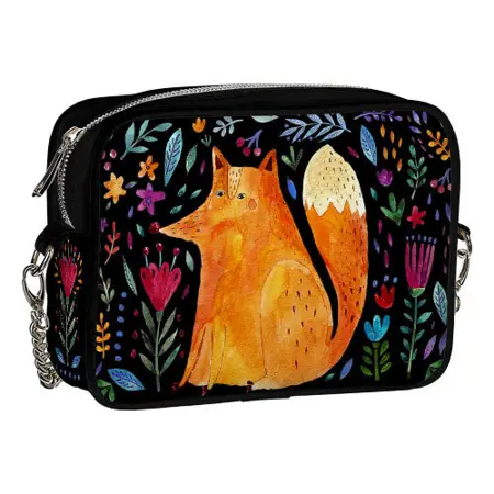 Kabelka na řetízku Cherie Liška a květiny na černém pozadí