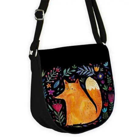 Kabelka saddle  Liška a květiny na černém pozadí
