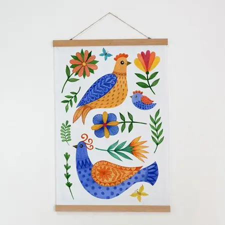 Látkový plakát na zeď Ptáci a květiny