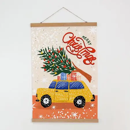Látkový plakát na zeď Auto s vánočním stromečkem