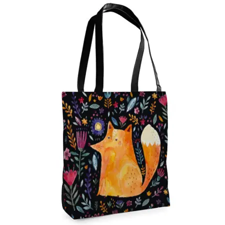 Textilní taška Tenderness Liška a květiny na černém pozadí – stylový shopper na zip
