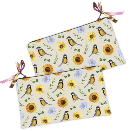 Kosmetická taška MINI – malá látková taštička s potiskem Slunečnice a sýkorky