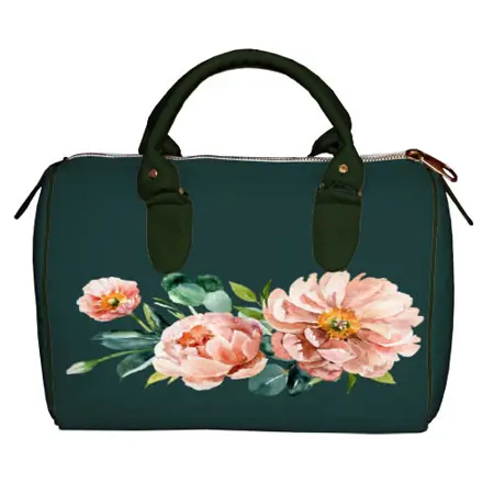 Dámská kabelka Barrel – textilní potisk květiny na zeleném pozadí
