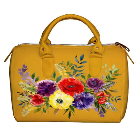 Dámská kabelka Barrel – textilní potisk květiny na žlutém podkladu