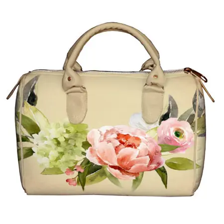 Dámská kabelka Barrel – textilní potisk Květiny na bílém pozadí
