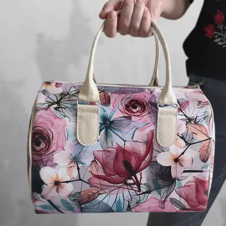 Dámská kabelka Barrel – textilní potisk květinový motiv