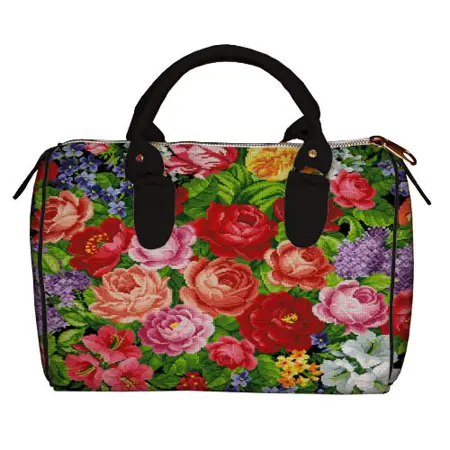 Dámská kabelka Barrel – textilní potisk Květinová výšivka. Stylizace