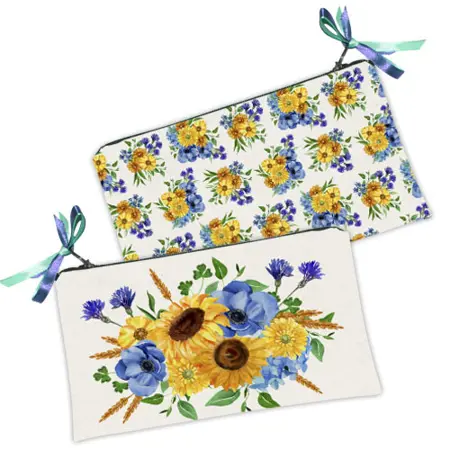Kosmetická taška MINI – malá látková taštička s potiskem Slunečnice a chrpy