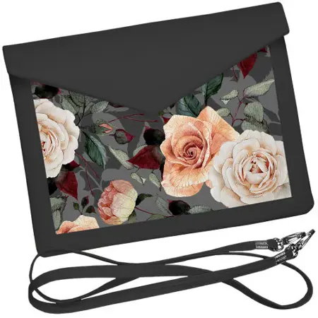 Dámský klutch konvert – elegantní sametová kabelka s potiskem Růže na šedém pozadí