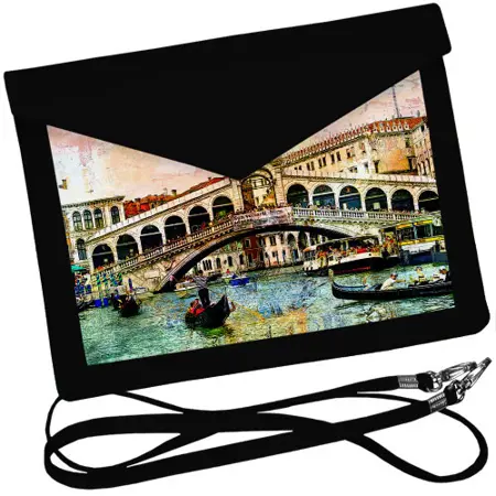 Dámský klutch konvert – elegantní sametová kabelka s potiskem Benátský most